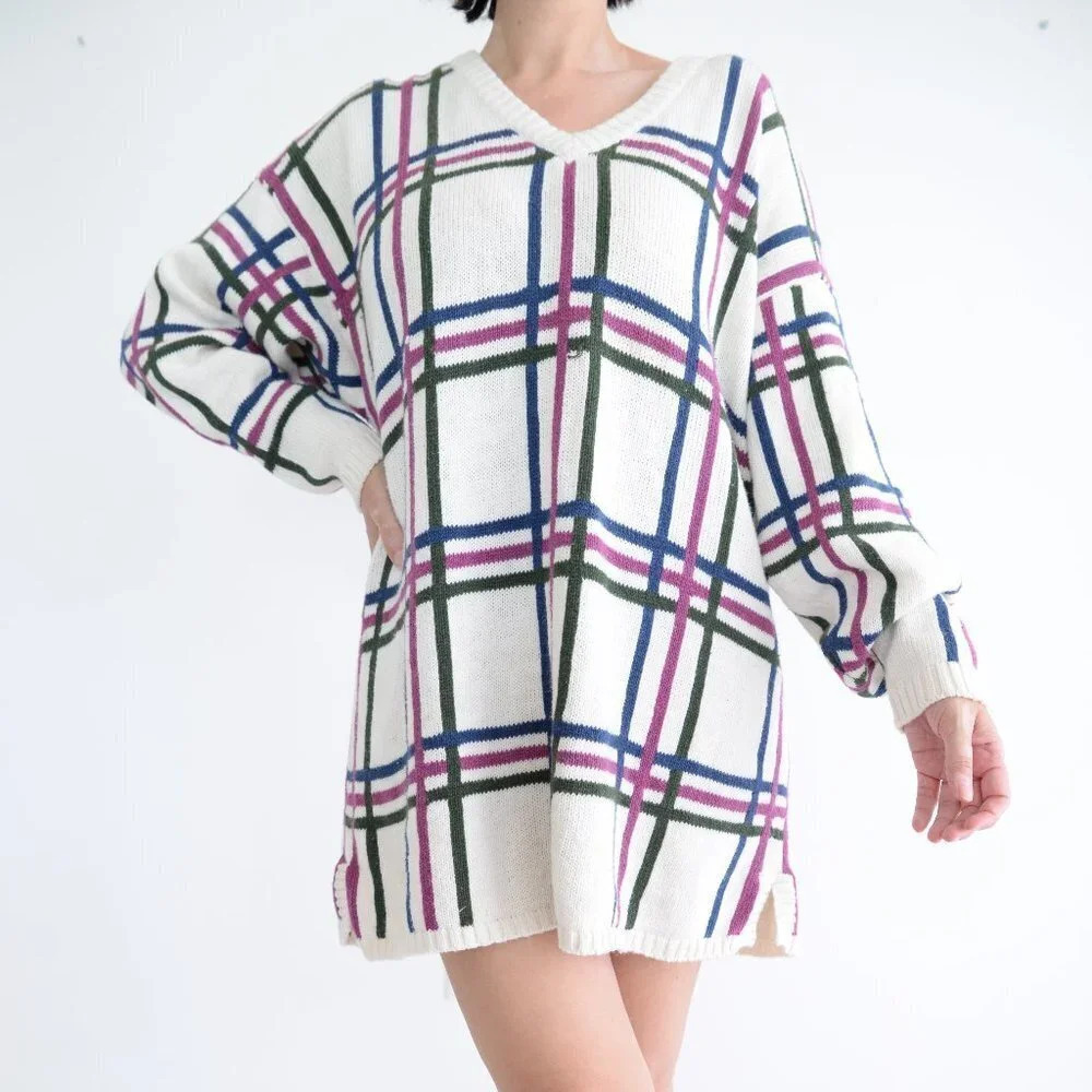 Cream Plaid V-Neck Oversized Sweater Dress